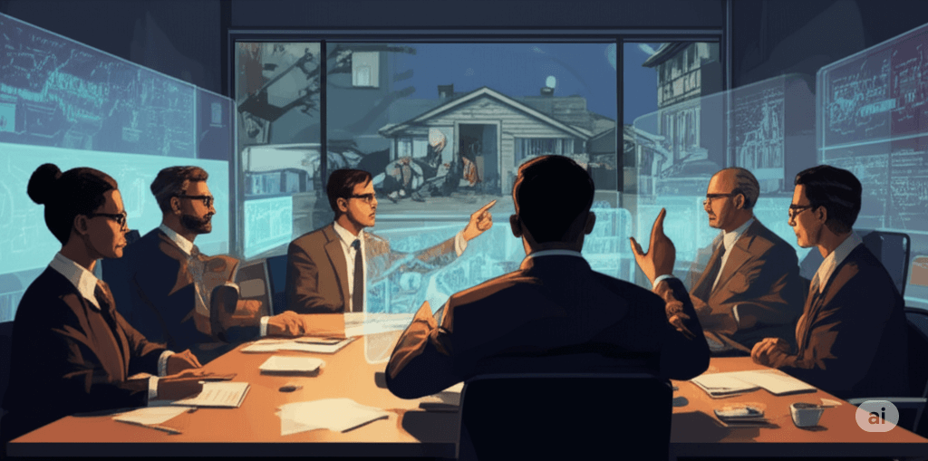 Technological Deferral - Group of policymakers discussing future AI solutions while real-world problems are visible outside