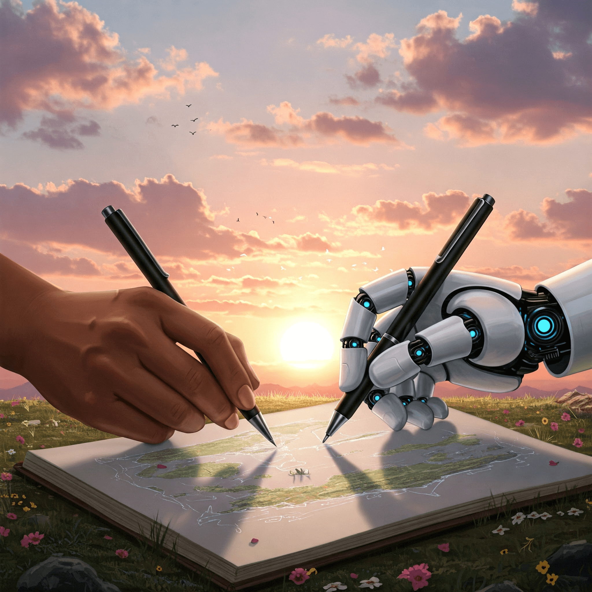 Writing a Better Story - Human and robotic hands jointly writing a new future